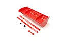 A Kyosho 210mm rear wing set in fluorescent red, including the main wing, two support rails, small black screws, and red plastic washers on a white background.