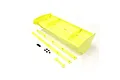 Kyosho 210mm rear wing set in fluorescent yellow, including wing, mounting strips, and small hardware components on a white background.