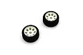 Two Kyosho RC front foam tyres with white multi-spoke rims on a white background.