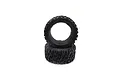 Two black Kyosho RC stadium truck tyres with aggressive tread patterns stacked on a white background.