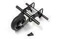 Kyosho CNC machined metal wheelie bar assembly with a single rubber tire and two spare screws on a white background.