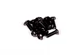 A small pile of black metal button head screws with hex drive sockets on a plain white background.