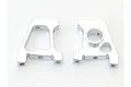 Two silver aluminium RC car front axle mounts or steering knuckles on a white background.