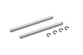 Two silver metal suspension hinge pins and four small black E-clips on a white background.