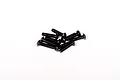 A small pile of ten black metal button head screws with fine threading against a plain white background.