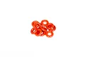 A small pile of ten bright orange rubber O-rings on a plain white background.
