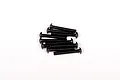 A small pile of ten black metal button head screws arranged on a plain white background.