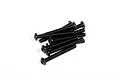 A small pile of ten black metal button head screws with hex drive sockets on a plain white background.