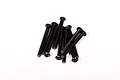 A small pile of ten black metal button head screws with hex drive sockets, arranged on a plain white background.