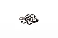 A small pile of silver-coloured 2mm E-clips for RC hobby use against a plain white background.