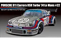 A studio render of a Fujimi 1/24 scale Porsche 911 Carrera RSR Turbo model car featuring the iconic silver and Martini Racing livery.