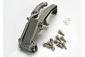 Traxxas aluminium engine mount set with included screws and washers on a white background.