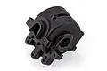 A black plastic UDI 1/16 scale RC front and rear gearbox case spare part shown from a high angle against a white background.