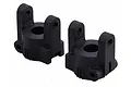 Two black plastic RGT front steering hubs for RC vehicles, shown from a side angle against a white background.