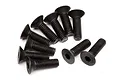 A group of ten black metal countersunk head screws with hex drive sockets, arranged on a white background.