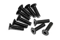 A cluster of ten black metal countersunk head screws with hex drive sockets, arranged on a white background.