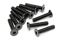 A group of ten black metal countersunk hex head screws arranged on a white background.
