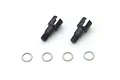 Two black metal RC center differential outdrive cups and four small silver washers arranged on a white background.