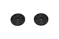 Two black circular RC shock pistons with six small holes arranged in a ring, isolated on a white background.