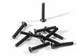 A pile of ten black metal countersunk head screws with hex drive sockets, arranged on a white background.
