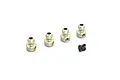 Four silver metal pivot balls and four small black grub screws arranged on a white background.