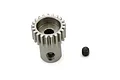 A silver metal pinion gear with 21 teeth and a separate small grub screw on a white background.