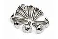 A collection of ten silver-coloured metal washer head screws with hex drive sockets arranged in a circular pattern on a white background.