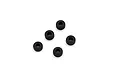Five small black rubber grommets arranged in a cluster on a white background.