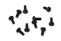 A group of nine black metal binder head screws scattered on a white background.
