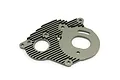 A gunmetal grey aluminium motor plate for an RC car, featuring cooling fins and mounting holes.
