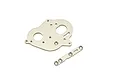 A silver-coloured aluminium motor plate and a matching support bracket for an RC car, shown on a white background.