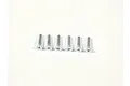 Six silver-coloured metal countersunk head screws with Phillips drive, arranged in a horizontal row on a white background.