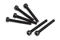 A set of six black metal cap head screws with fine threading, arranged on a white background.