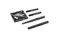 Yeah Racing aluminium chassis setup tool kit including a camber gauge, two droop blocks, and two droop gauges on a white background.