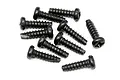 A collection of ten black metal coarse thread binder head screws arranged on a white background.