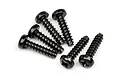 A group of six black metal binder head screws with coarse threads arranged on a white background.