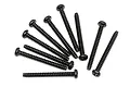 A top-down view of ten black metal coarse thread binder head screws arranged in a fan pattern against a white background.
