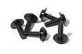 A group of six black metal washer head screws with coarse threads, arranged on a plain white background.
