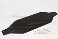 GPM Racing black aluminium main chassis plate for RC cars, shown with a set of included mounting screws on a white background.