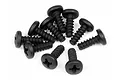 A cluster of ten black HPI Racing 3x8mm coarse thread binder head screws arranged on a white background.