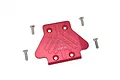 A red anodised aluminium rear skid plate for an RC car, accompanied by four small metal screws, set against a plain white background.