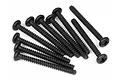 A set of ten black metal coarse thread binder head screws arranged in a fan pattern on a white background.