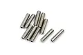 A collection of ten silver-colored metal grub screws arranged on a plain white background.