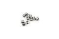 A small pile of ten silver-coloured metal M3 grub screws with hexagonal drive sockets, isolated on a white background.