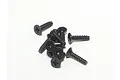 A small pile of black metal countersunk head screws with coarse threads and cross-head drives against a plain white background.