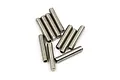 A group of ten silver-coloured metal grub screws arranged on a white background.