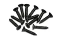 A collection of twelve black metal countersunk head screws with coarse threads arranged in a circular pattern against a white background.