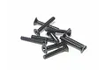 A small pile of black metal countersunk head screws with coarse threading, suitable for RC car assembly.