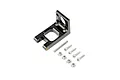 A black anodized aluminum rudder mount bracket for a Pro Boat RC boat, shown with included mounting hardware including screws, nuts, and a pin.