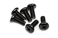 A group of six black metal binder head screws with Phillips drive heads arranged on a white background.